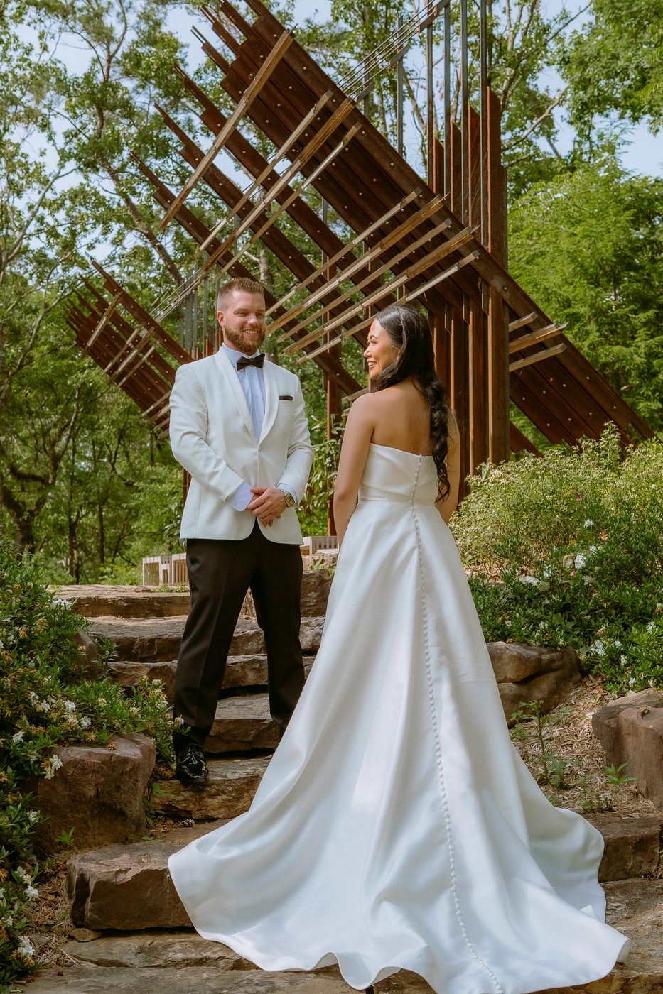 Bride and groom share a first look at Anthony Chapel near Hot Springs Arkansas