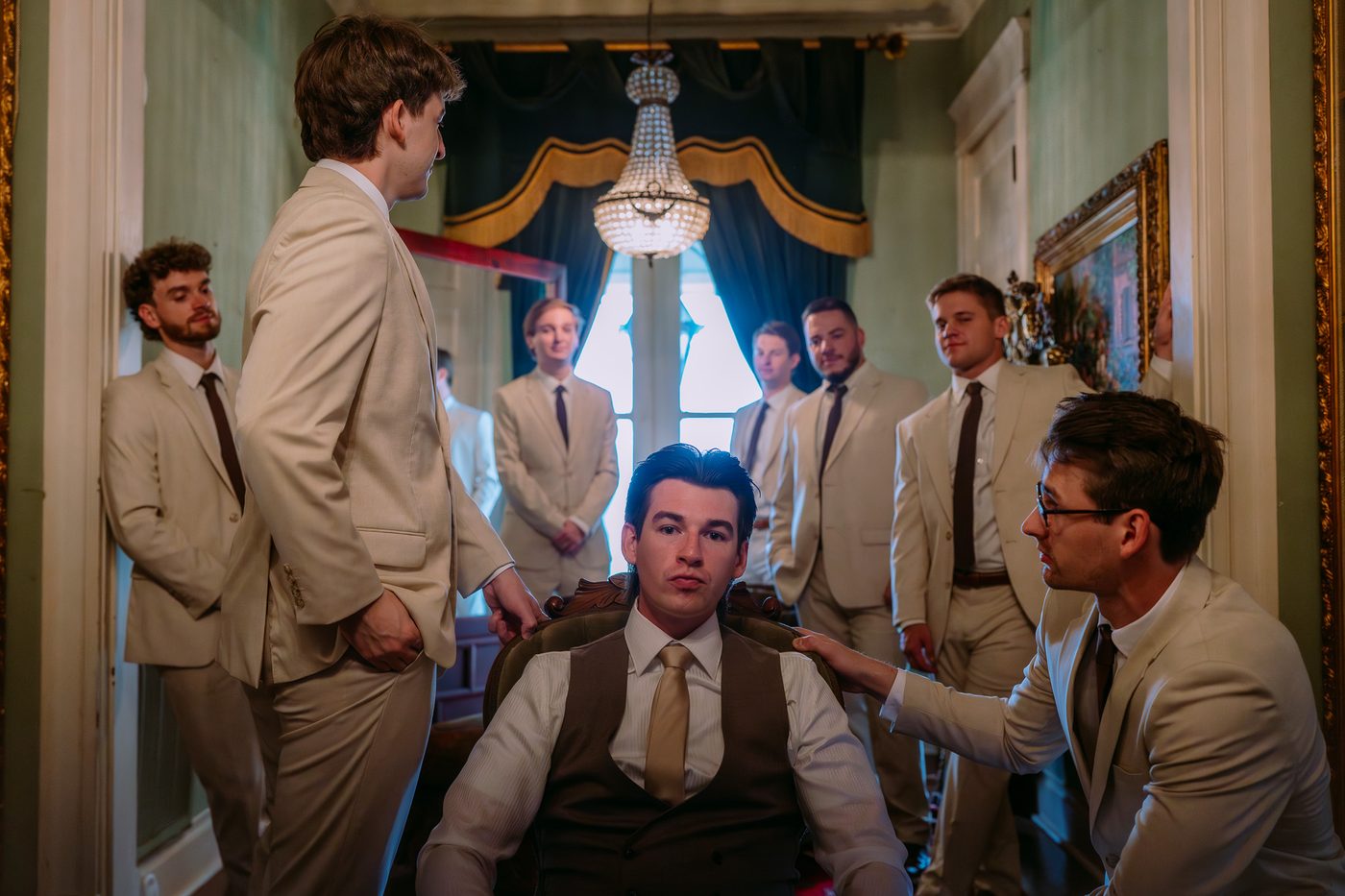 Groom and groomsmen getting ready before a wedding at Marlsgate in Central Arkansas